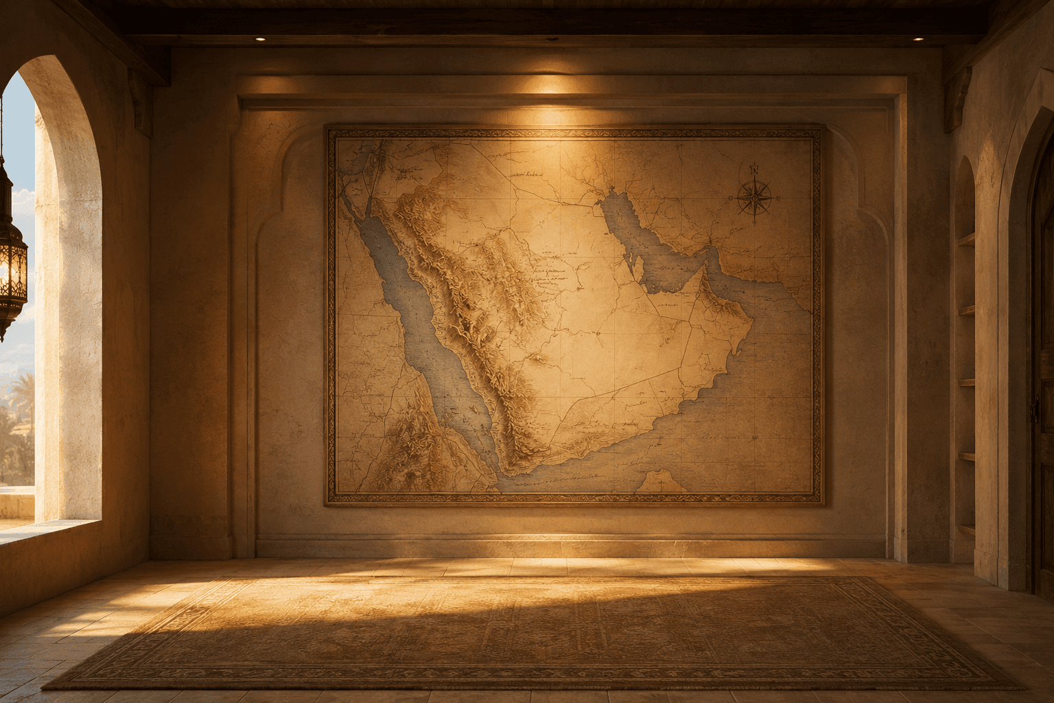 Salle d'exploration avec carte de la péninsule arabique