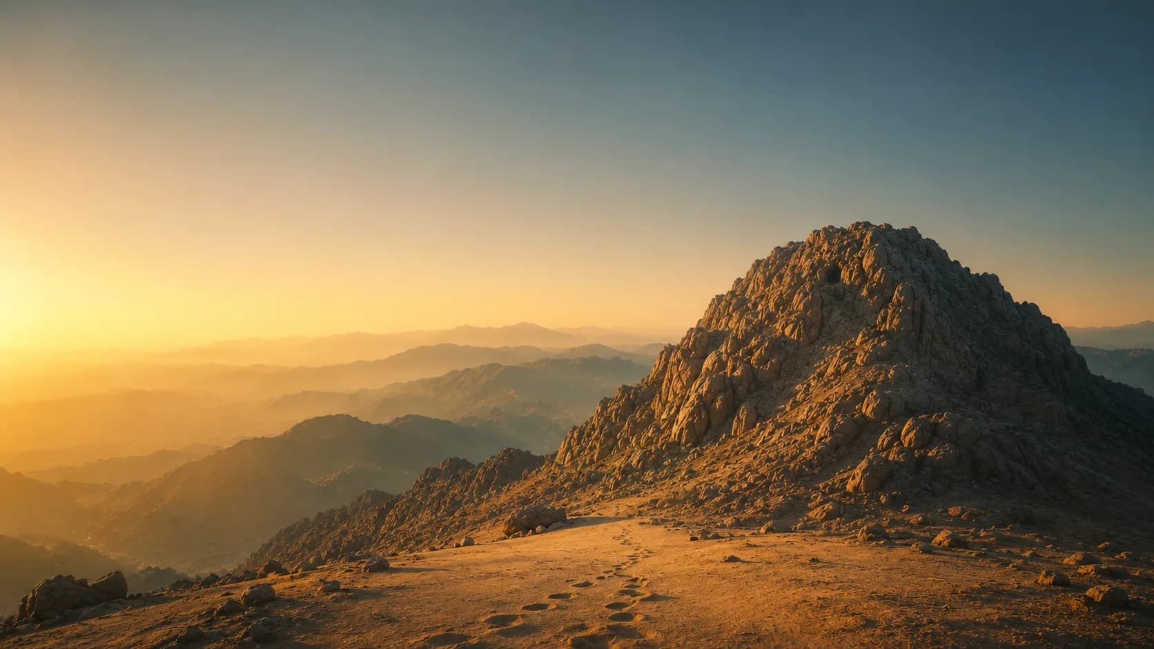 Chemin vers la montagne au coucher du soleil