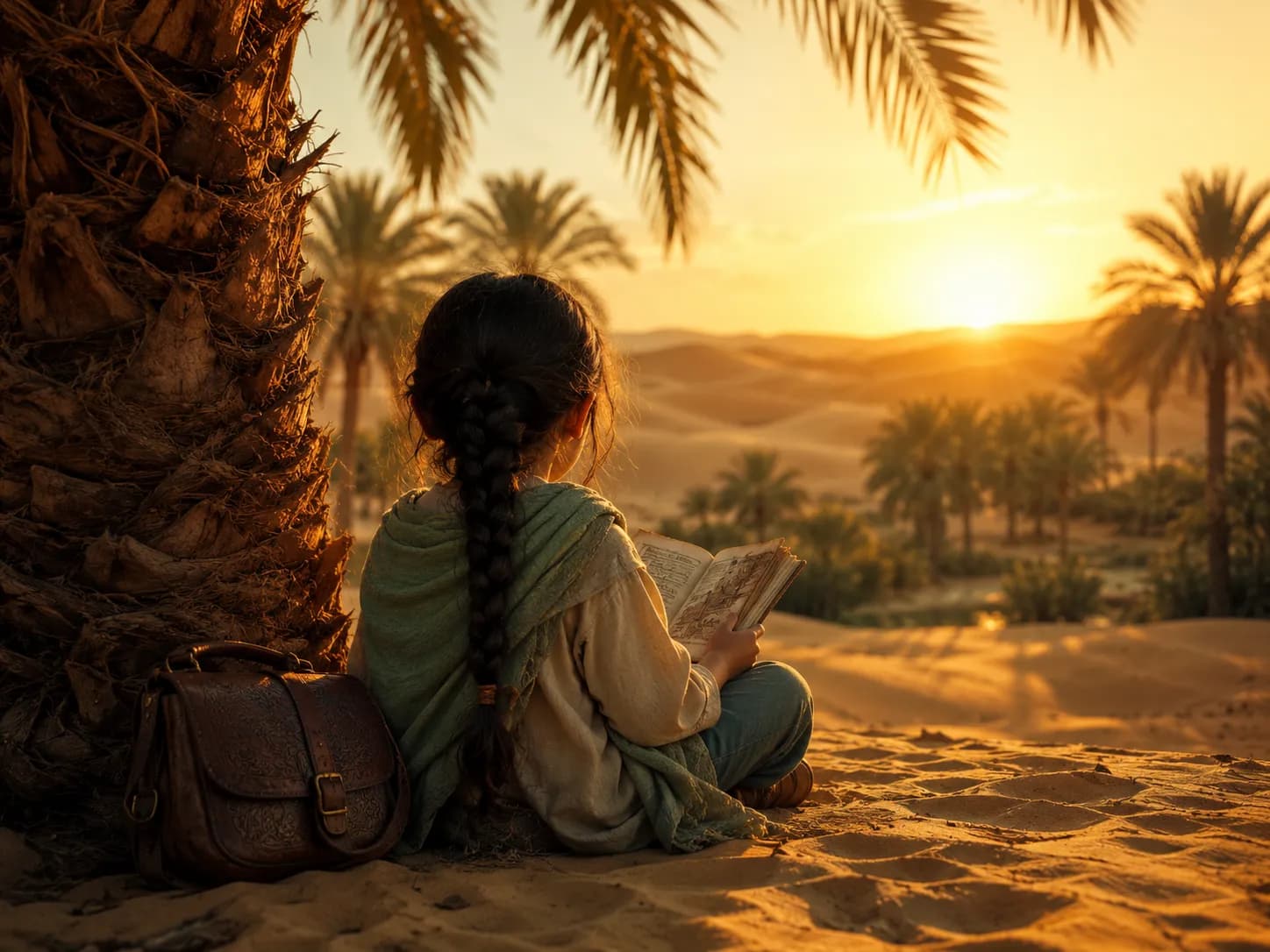 Enfant lisant sous un palmier au coucher du soleil