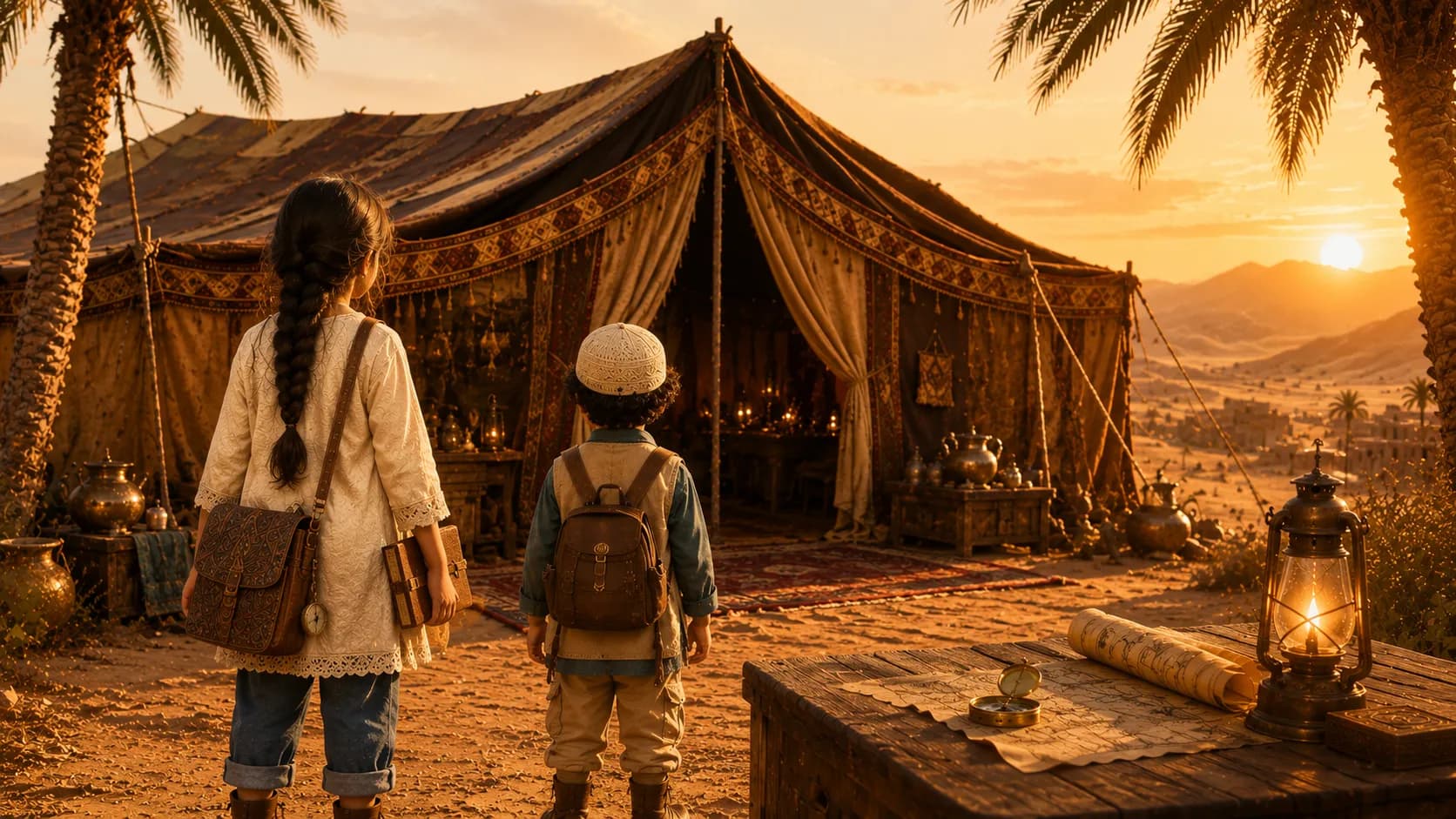Campement d'exploration dans le desert au coucher du soleil
